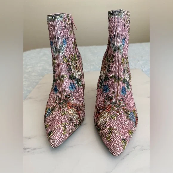 Betsey Johnson Pink Floral Crystal Block Heel Booties - Picture 2 of 12